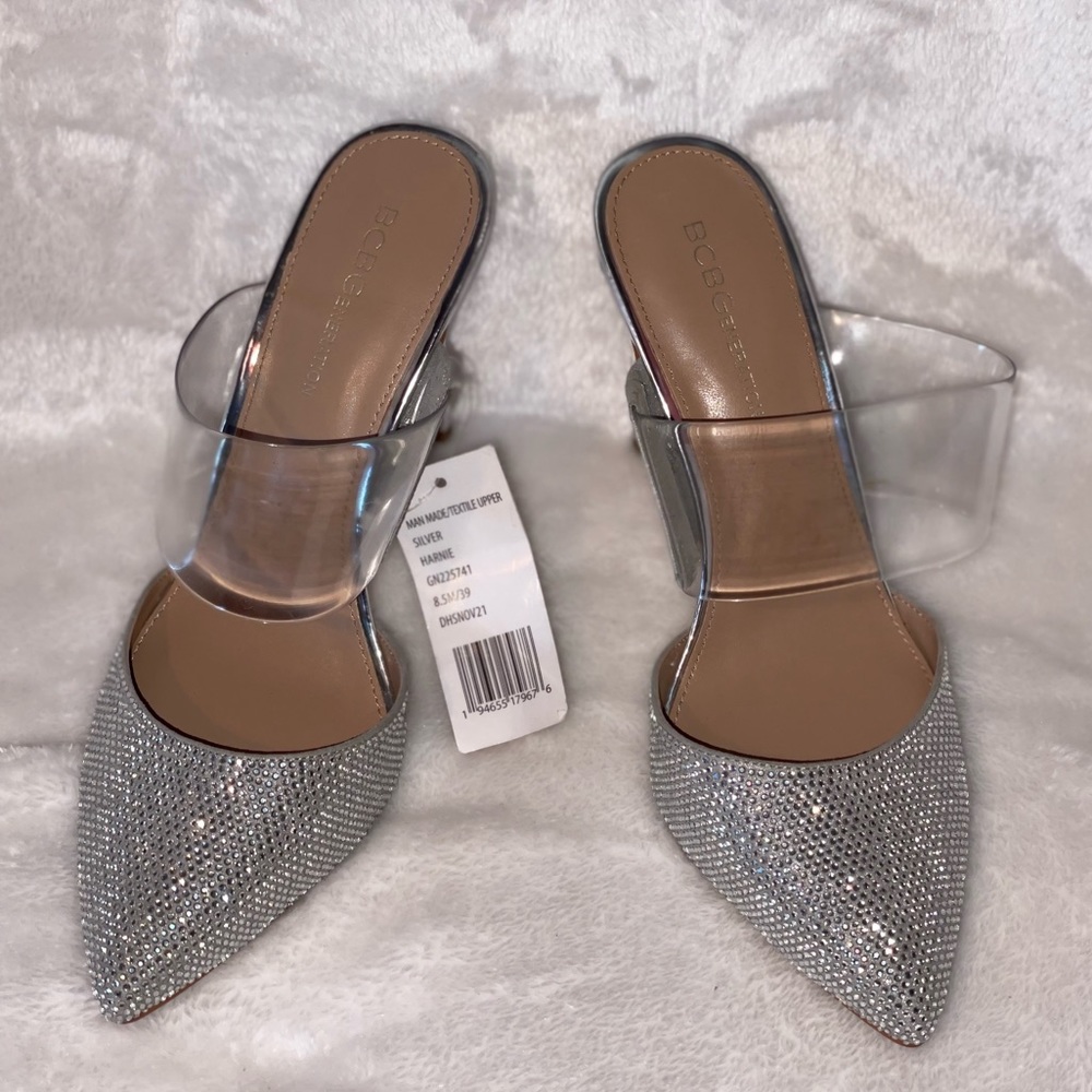 STUNNING BLING BCBG SILVER GLITTER WITH CLEAR RHINESTONES HIGH HEEL SHOES NWOT